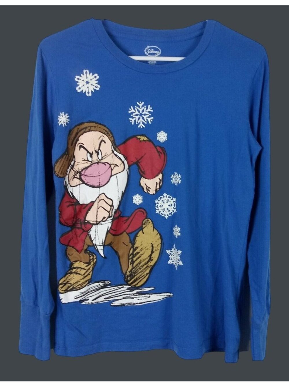 Disney Vintage Grumpy Dwarf Snowflake Cotton Long Sleeve Shirt Womens Large Blue